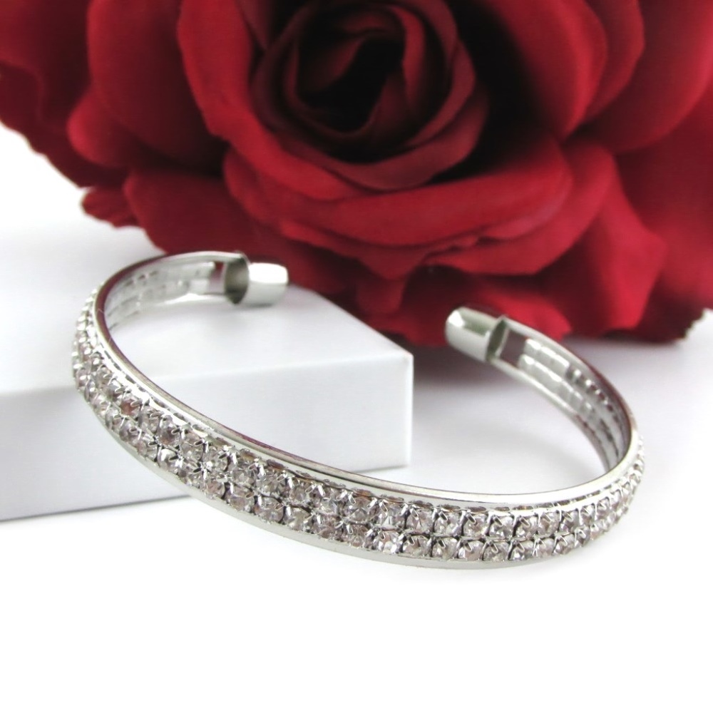 Crystal Gem Silver Cuff Bangle Bracelet - Picture 3 of 6